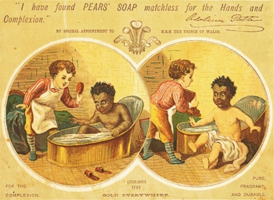 Pears' Soap Advertisement  Caucasian Baby helps clean the "Other" baby